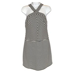 Kaari Navy White Stripe Halter Dress Sz S‎ Retro Shift Mini Mod 60s Thermal Knit
